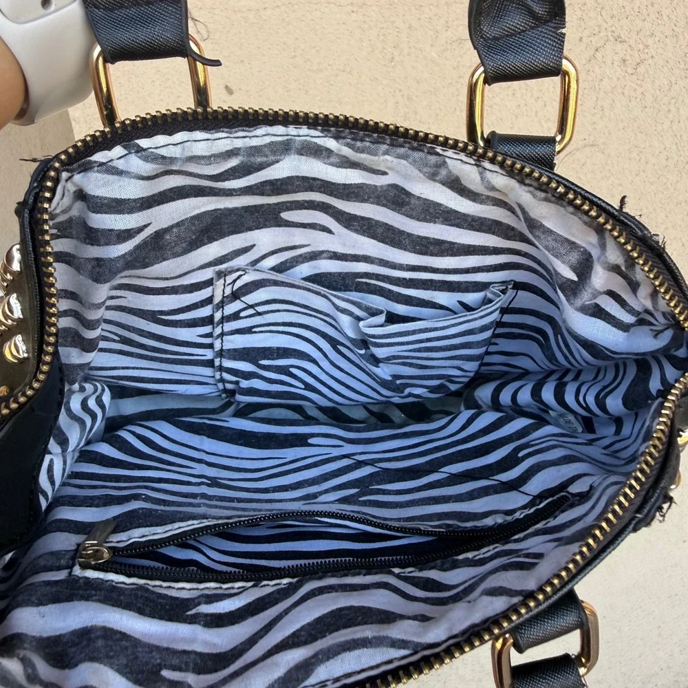 Unbranded Black Studded Satchel Handbag Gold Pyramid Studs Zebra Lining Rocker